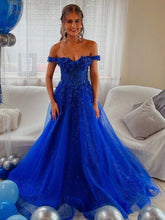Royal Blue Glitter Off The Shoulder Corset Prom Dress