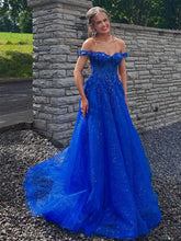 Royal Blue Glitter Off The Shoulder Corset Prom Dress