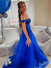 Royal Blue Glitter Off The Shoulder Corset Prom Dress