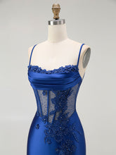 Royal Blue Mermaid Beaded Appliqued Corset Prom Dress with Slit