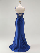 Royal Blue Mermaid Beaded Appliqued Corset Prom Dress with Slit