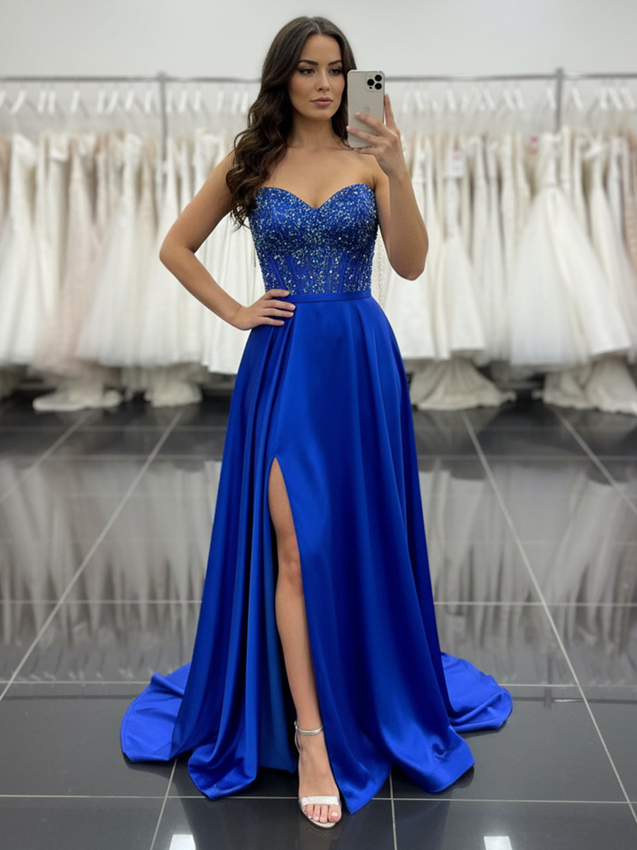 Royal Blue Satin A-Line Beaded Corset Bodice Prom Dress with High Slit – Anna PromDress