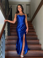 Royal Blue Satin Cowl Neckline Corset Prom Dress with High Slit
