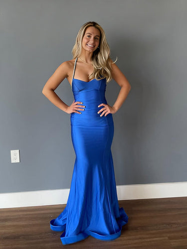 Royal Blue Satin Mermaid Prom Dress with Sparkly Rhinestone Straps