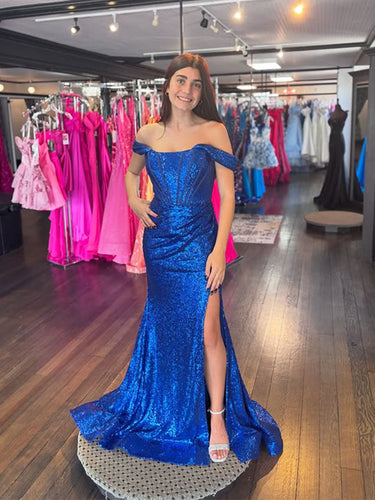 Royal Blue Sequin Off-the-Shoulder Corset Bodice Prom Dress with Slit