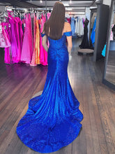 Royal Blue Sequin Off-the-Shoulder Corset Bodice Prom Dress with Slit