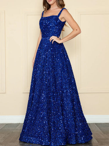 Royal Blue Sequin Square Neckline A-Line Prom Dress with Tank Straps