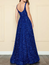 Royal Blue Sequin Square Neckline A-Line Prom Dress with Tank Straps