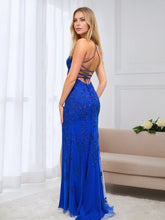 Royal Blue Sheer Cascading Floral Lace Corset Prom Dress with High Slit
