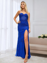 Royal Blue Sheer Cascading Floral Lace Corset Prom Dress with High Slit