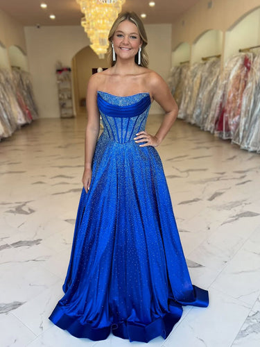 Royal Blue Sparkly Strapless A Line Corset Long Prom Dress