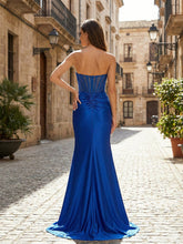 Royal Blue Strapless Corset Prom Dress with High Slit