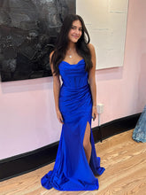 Royal Blue Strapless Cowl Neckline Corset Bodice Satin Prom Dress