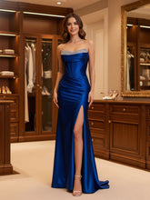 Royal Blue Strapless Crystal Trimmed Neckline Satin Prom Dress with High Slit
