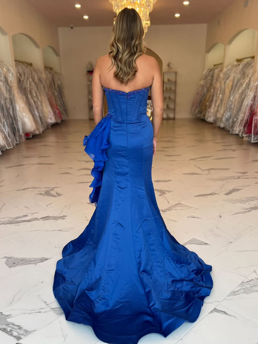 Royal Blue Strapless Satin Ruffled Long Corset Prom Dress with Slit – Anna PromDress