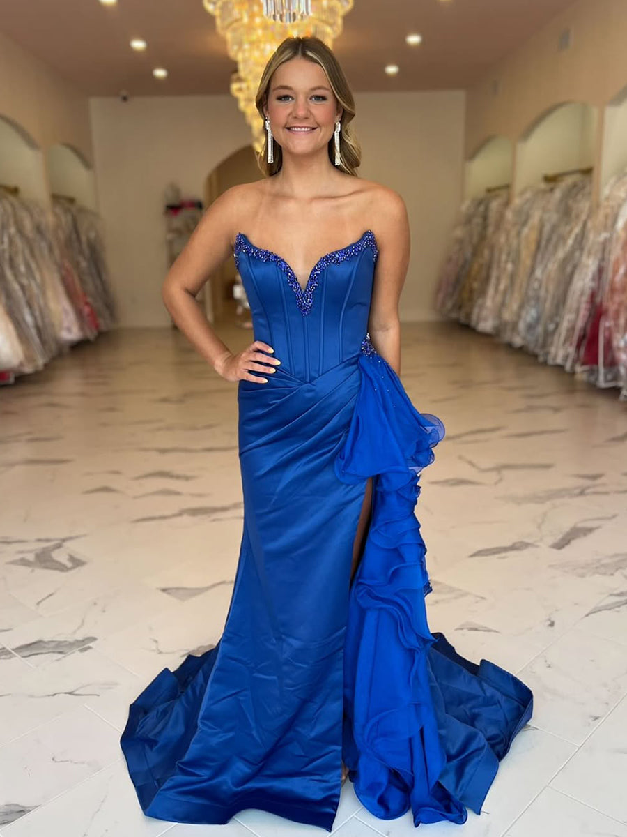 Royal Blue Strapless Satin Ruffled Long Corset Prom Dress with Slit – Anna PromDress