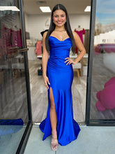 Lavender Mermaid Strapless Ruched Long Prom Dress with High Slit