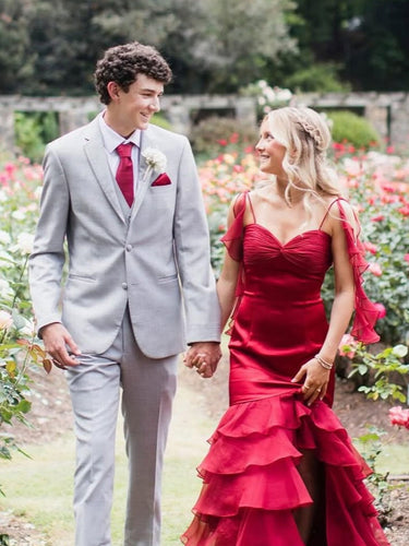 Ruffle Straps Tiered Long Prom Dress with Slit