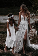Rustic A-line V-neck Side Slit Lace Beach Wedding Dresses, Bridal Gown, MW645