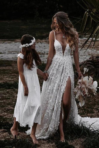 Rustic A-line V-neck Side Slit Lace Beach Wedding Dresses, Bridal Gown, MW645