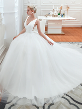 Ball Gown Wedding Dresses V Neck Court Train Tulle Regular Straps Simple Glamorous Backless with Ruched