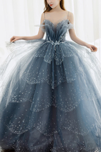 Blue Tulle Beaded Long A-Line Prom Dress, Blue Formal Evening Gown Y1579
