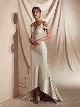 Mermaid Trumpet Wedding Dresses V Neck Asymmetrical Matte Satin Short Sleeve Casual Sexy Illusion Detail Modern with Appliques