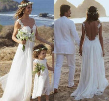 Simple White Chiffon Open Back Straps A-line Wedding Dresses with Appliques, MW216