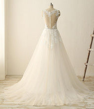 Beautiful A Line Ivory Lace Modest Handmade V-Neck Wedding Dresses with Appliques, MW110