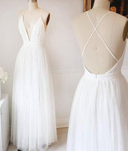 Simple White A-line Tulle V Neck Wedding Dresses Long Prom Dresses MW218