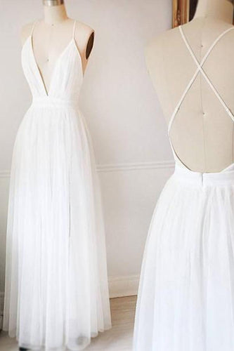 Simple White A-line Tulle V Neck Wedding Dresses Long Prom Dresses MW218