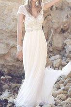 Fabulous Tulle Cap Sleeves Long Beach Wedding Dress with Lace, MW146