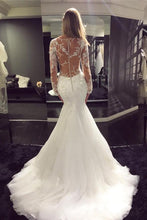 White Tulle Scoop Neck Long Sleeve Mermaid Sweep Train Lace Wedding Dresses, MW194