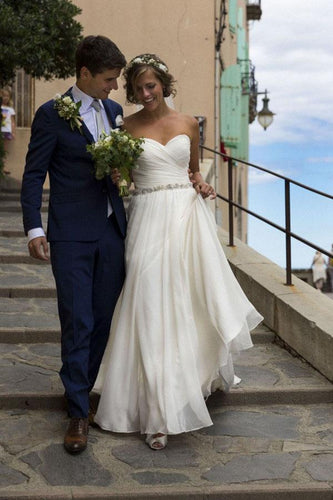 Sweetheart Simple White Chiffon Strapless Floor Length Wedding Dresses, MW243