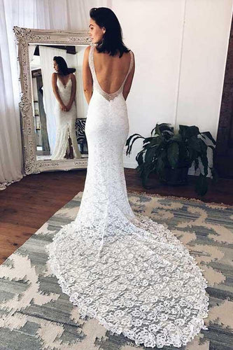 Gorgeous White Deep V-Neck Lace Mermaid Wedding Dress with Split, MW240