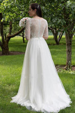 White Lace Bodice Half Sleeves Long Wedding Dresses, Cheap Bridal Gowns, MW160