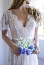Romantic White Open Back Half Sleeves A-line Lace Long Wedding Dress, MW208