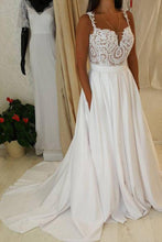 White Sweetheart Lace Top Spaghetti Straps Long Wedding Dresses with Pocket, MW221
