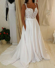 White Sweetheart Lace Top Spaghetti Straps Long Wedding Dresses with Pocket, MW221