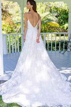 Fabulous White Spaghetti Straps A-Line Backless Lace Long Wedding Dresses, MW152