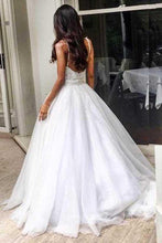 Elegant Spaghetti Straps Backless Lace Top Wedding Dress with Sweep Train, MW136