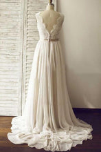 Ivory V-neck Open Back Sleeveless Lace Sash Wedding Dress with Sweep Train, MW176