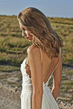 White Spaghetti Straps Open Back Lace Beach Wedding Dresses, MW212