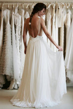 White Chiffon Spaghetti Straps Simple Lace Backless Cheap Wedding Dresses, MW234