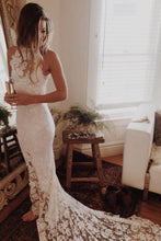 Lace Mermaid Halter Princess Backless Romantic Beach Wedding Dresses, MW183
