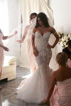 Attractive Off Shoulder Lace Mermaid Long Wedding Dress with Appliques, MW118