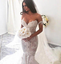 Attractive Off Shoulder Lace Mermaid Long Wedding Dress with Appliques, MW118