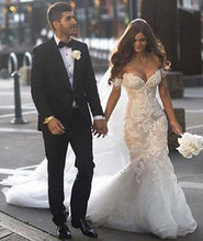 Attractive Off Shoulder Lace Mermaid Long Wedding Dress with Appliques, MW118