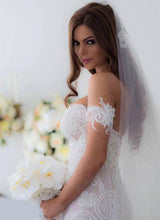 Attractive Off Shoulder Lace Mermaid Long Wedding Dress with Appliques, MW118