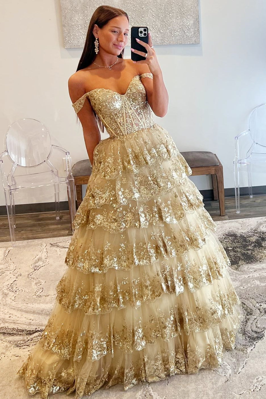 Leona |Princess Off the Shoulder Sequined Lace Prom Dress
